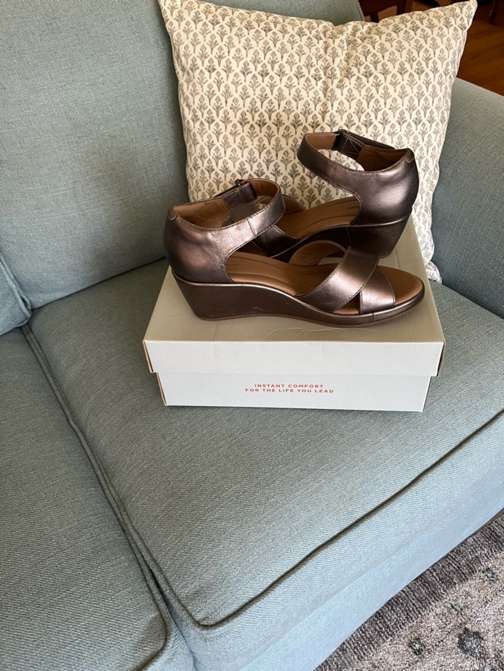 Clarks Metallic Bronze Wedge Sandals with Ankle Strap - Picture 2 of 4